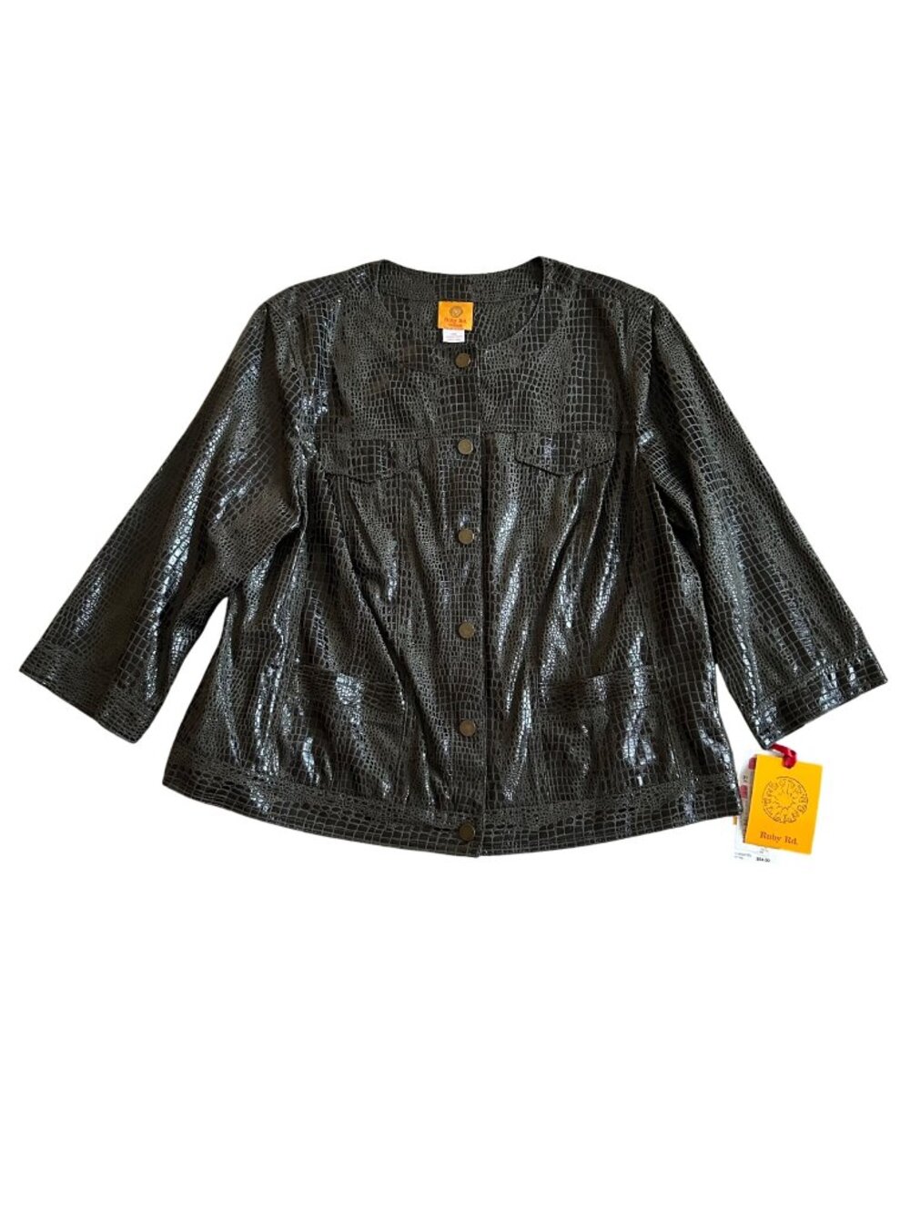 Ruby Rd. Womens Sz 16 W Black Croc-Embossed Button-Down Jacket 3/4 Sleeves